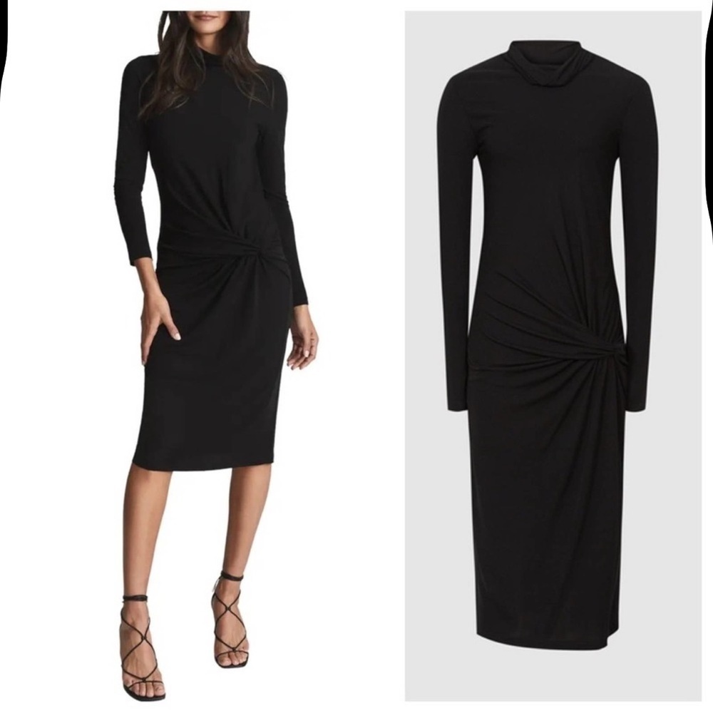 REISS Freya Black Twist Front Bodycon Midi Dress Sz 6 Minimalist Evening Chic